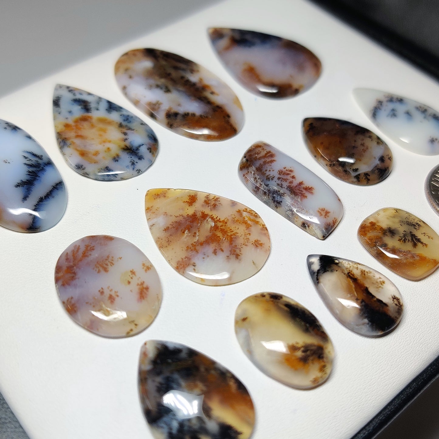 Natural Russian Dendritic Agate Cabochons for Jewelry Making | Scenic White Stone with Black Inclusions | Smooth Polished | Multiple Sizes Shapes