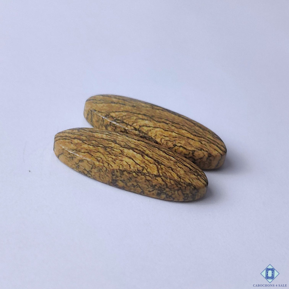 cabochons4sale, artisan-polished brown picture jasper oval cabochons with one-of-a-kind geological patterns and rustic gemstone appeal held between fingers