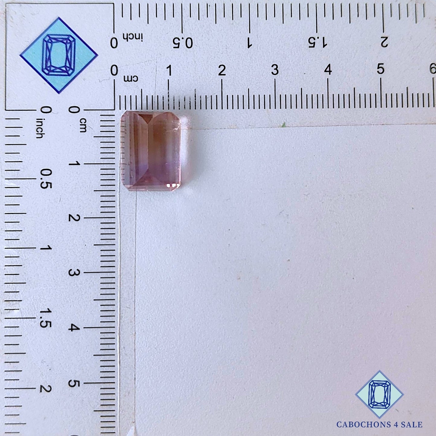 Piedra preciosa de ametrina natural rectangular tallada en facetas, 14 x 11 x 9 mm, procedente de Bolivia, disponible para la venta.