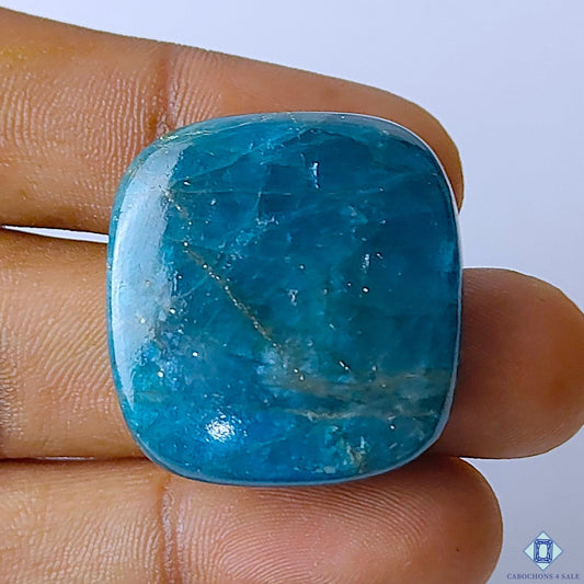 Cabochons4sale blue opaque apatite fancy cabochon gemstone measuring 30x28x6mm held between fingers