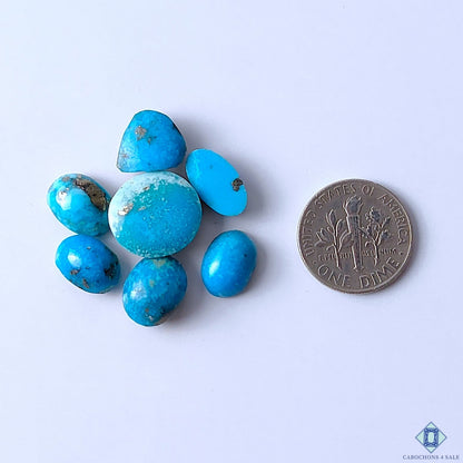 Cabochons4sale natural blue Arizona turquoise gemstone lot in assorted shapes and sizes next to a US dime for scale.