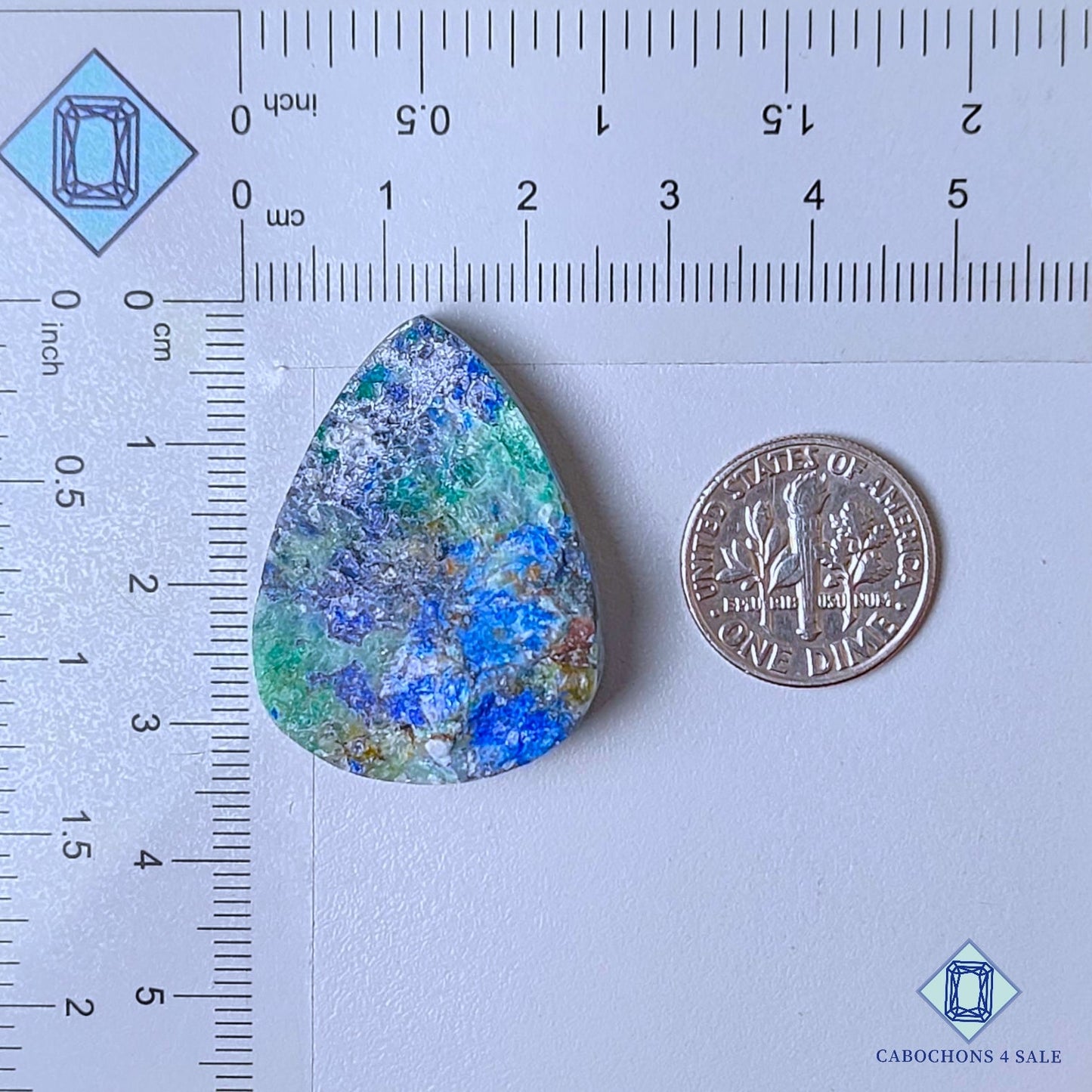 Piedra preciosa de azurita y malaquita natural en forma de pera drusa de 33 x 24 x 8 mm, procedente de la República Democrática del Congo, disponible para la venta.