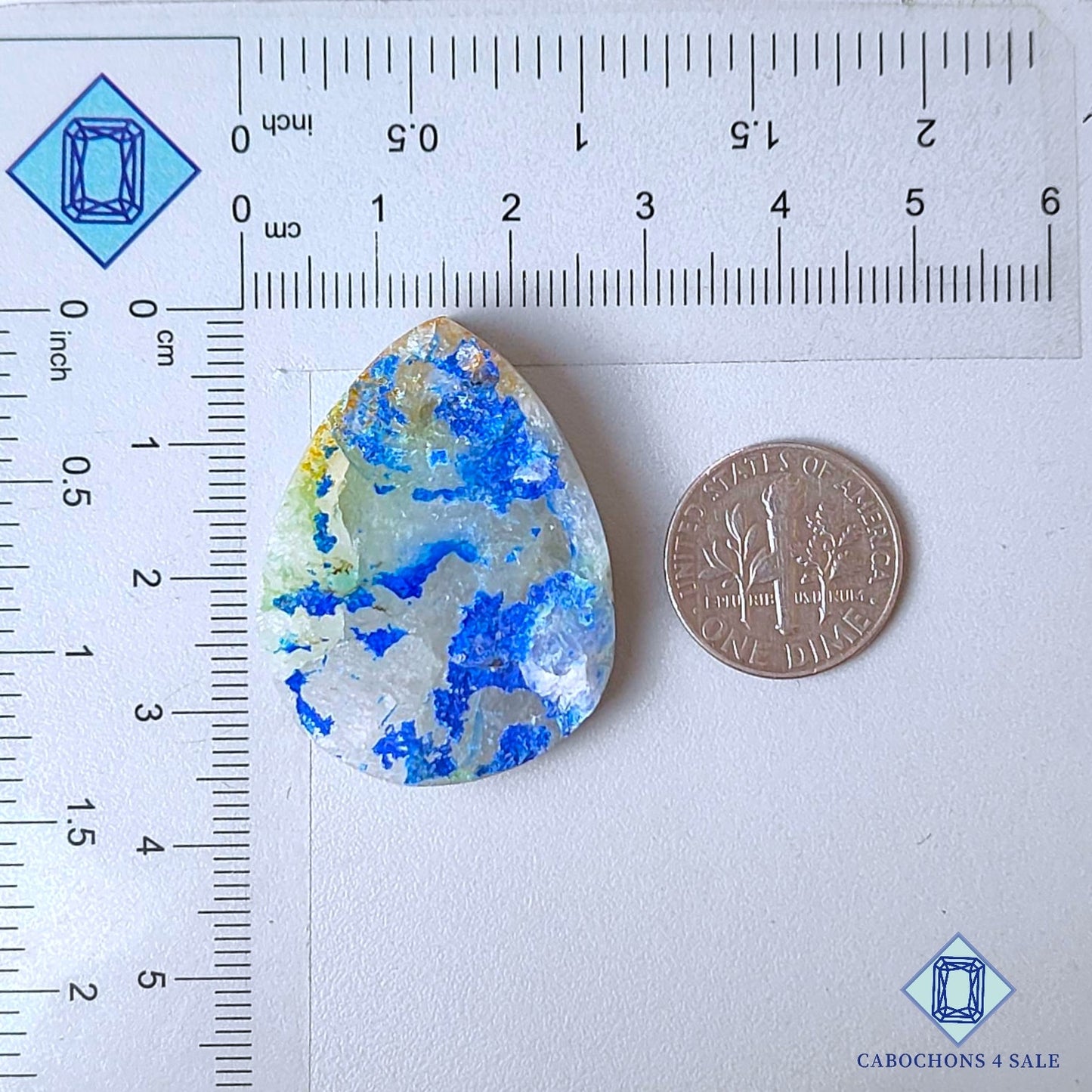 Piedra preciosa de azurita y malaquita natural en forma de pera druzy de 34 x 26 x 6 mm, procedente de la República Democrática del Congo, disponible para la venta.