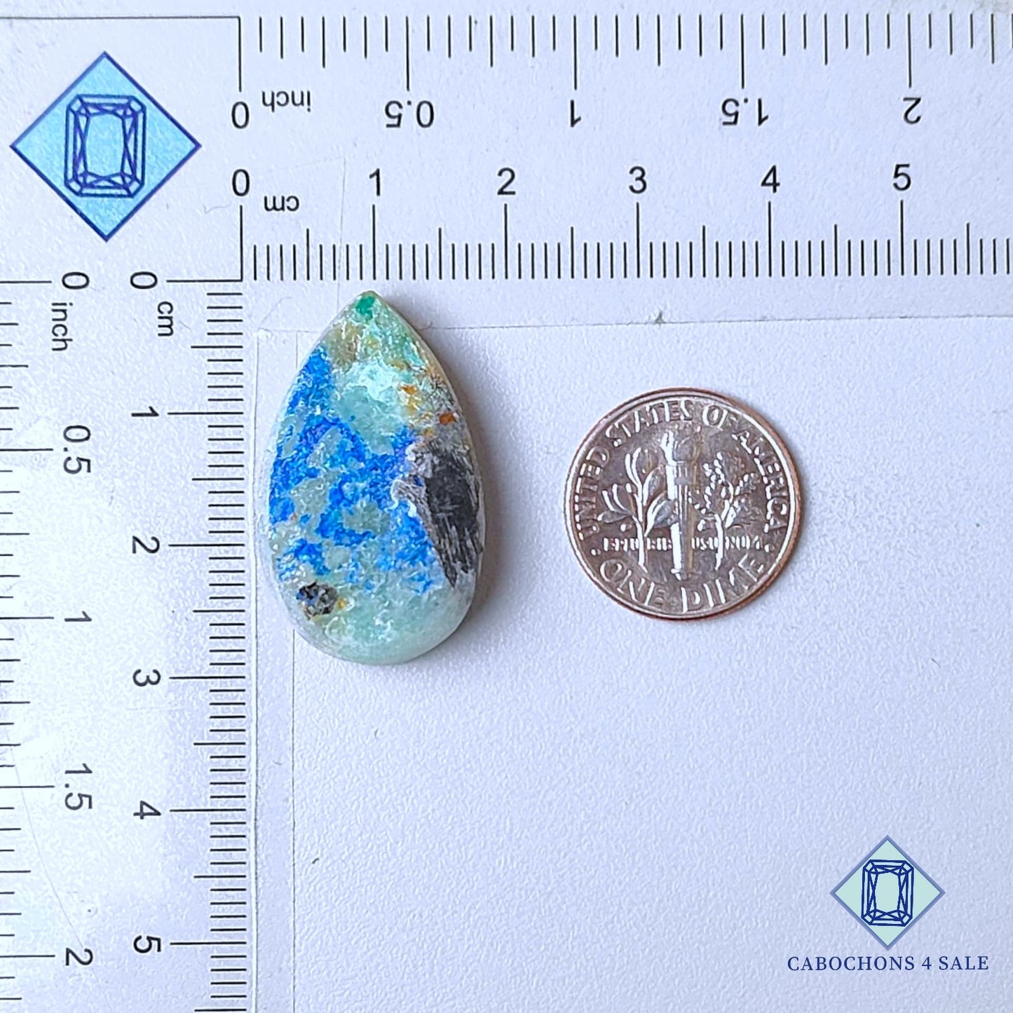 Piedra preciosa de malaquita azurita natural en forma de pera drusa de 27 x 17 x 8 mm, procedente de la República Democrática del Congo, disponible para la venta.