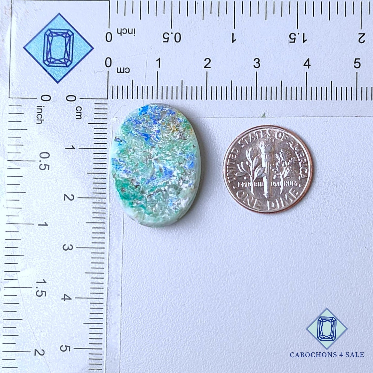 Piedra preciosa de malaquita azurita natural, drusa ovalada de 25 x 18 x 6 mm, procedente de la República Democrática del Congo, disponible para la venta.