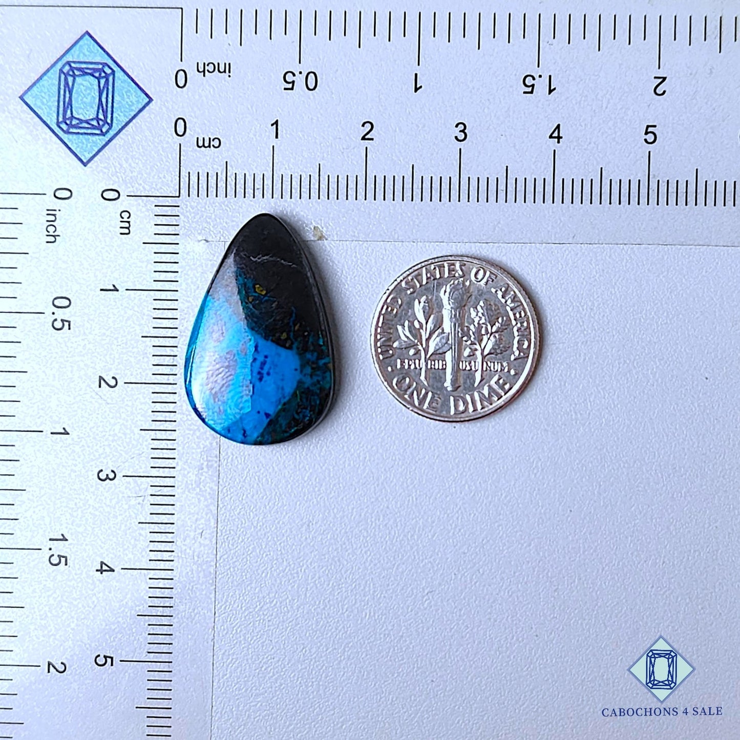 Cabujones de azurita shattuckita natural en forma de pera de 24 x 16 x 4 mm, procedentes de la República Democrática del Congo, disponibles para la venta.