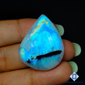 Natural Black Tourmalated Moonstone Gemstone  Pear Cabochons 32*26*7mm from India available for sale
