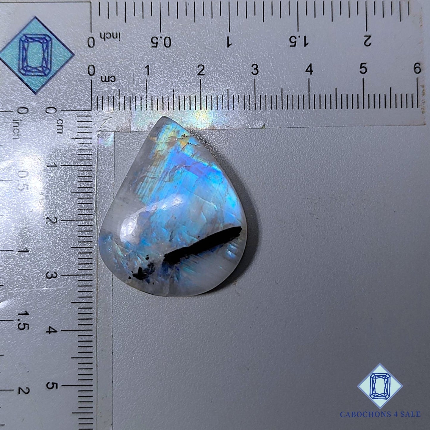 Natural Black Tourmalated Moonstone Gemstone  Pear Cabochons 32*26*7mm from India available for sale