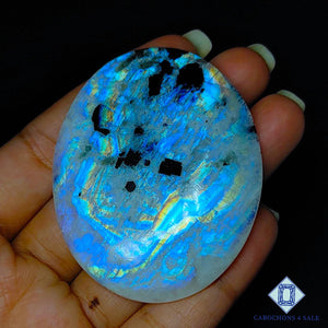 Natural Black Tourmalated Moonstone Gemstone  Oval Cabochons 57*47*7mm from India available for sale