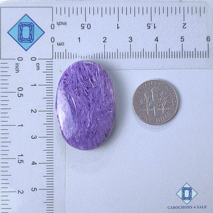 Cabujones ovalados de piedra preciosa de charoita natural de 34 x 23 x 7 mm, procedentes de Rusia, disponibles para la venta.