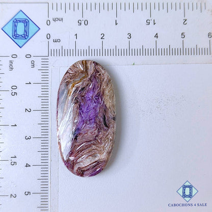 Cabujones ovalados de piedra preciosa de charoita natural de 42 x 22 x 6 mm, procedentes de Rusia, disponibles para la venta.
