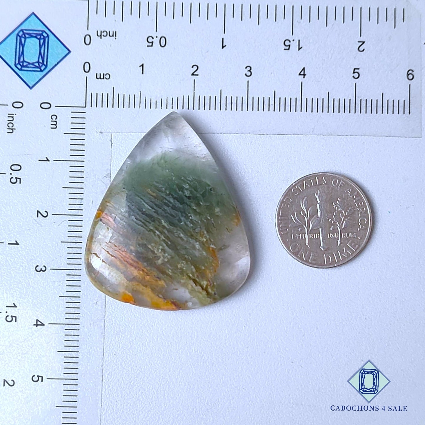 Natural Green Cacoxenite Gemstone  Pear Cabochons 36*30*6mm from Brazil  available for sale