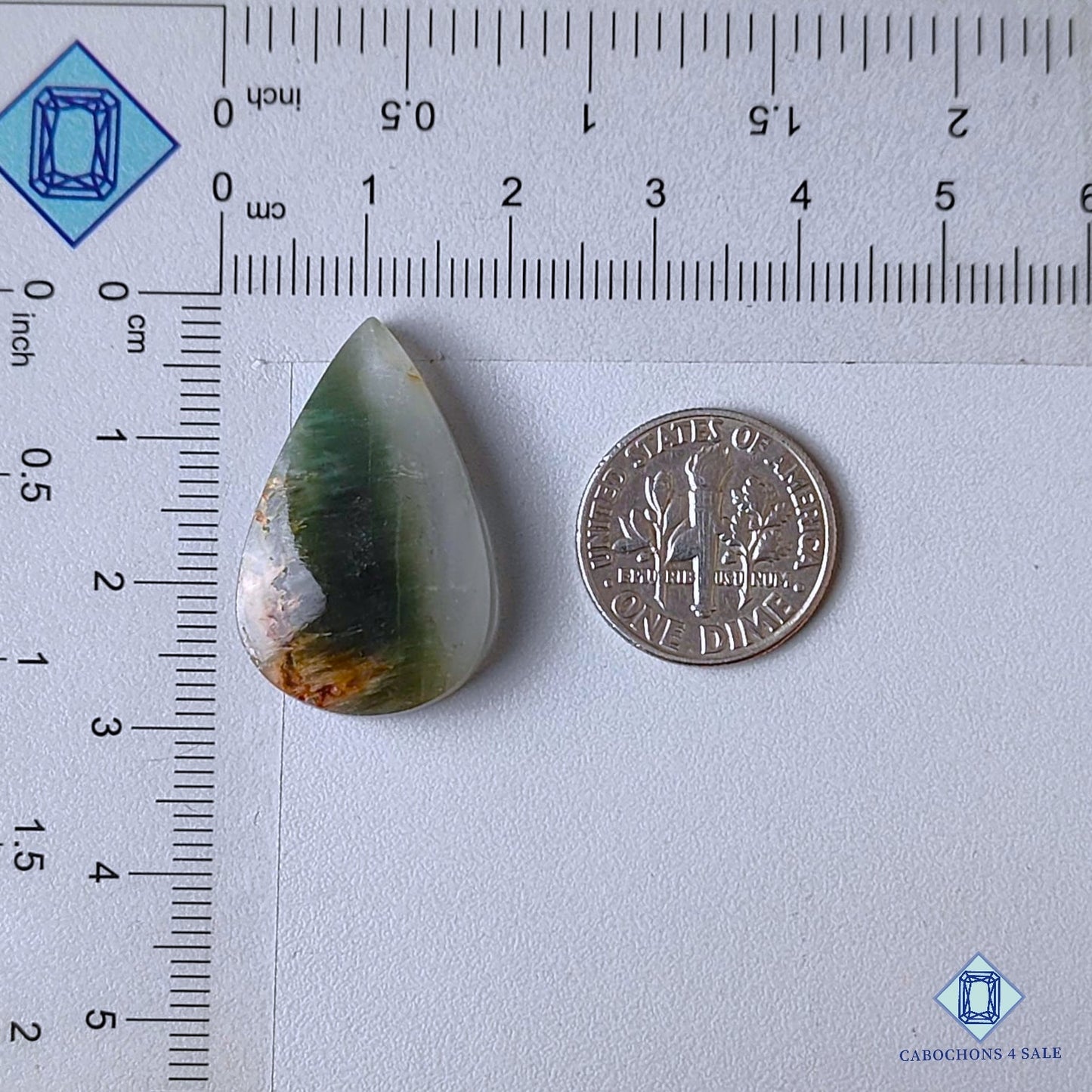 Cabujones de cuarzo cacoxenita verde natural en forma de pera, 27 x 17 x 6 mm, de Brasil, disponibles para la venta.