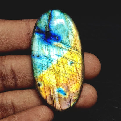 Cabochons4sale oval labradorite cabochon with vibrant blue and yellow iridescent flashes held in a hand
