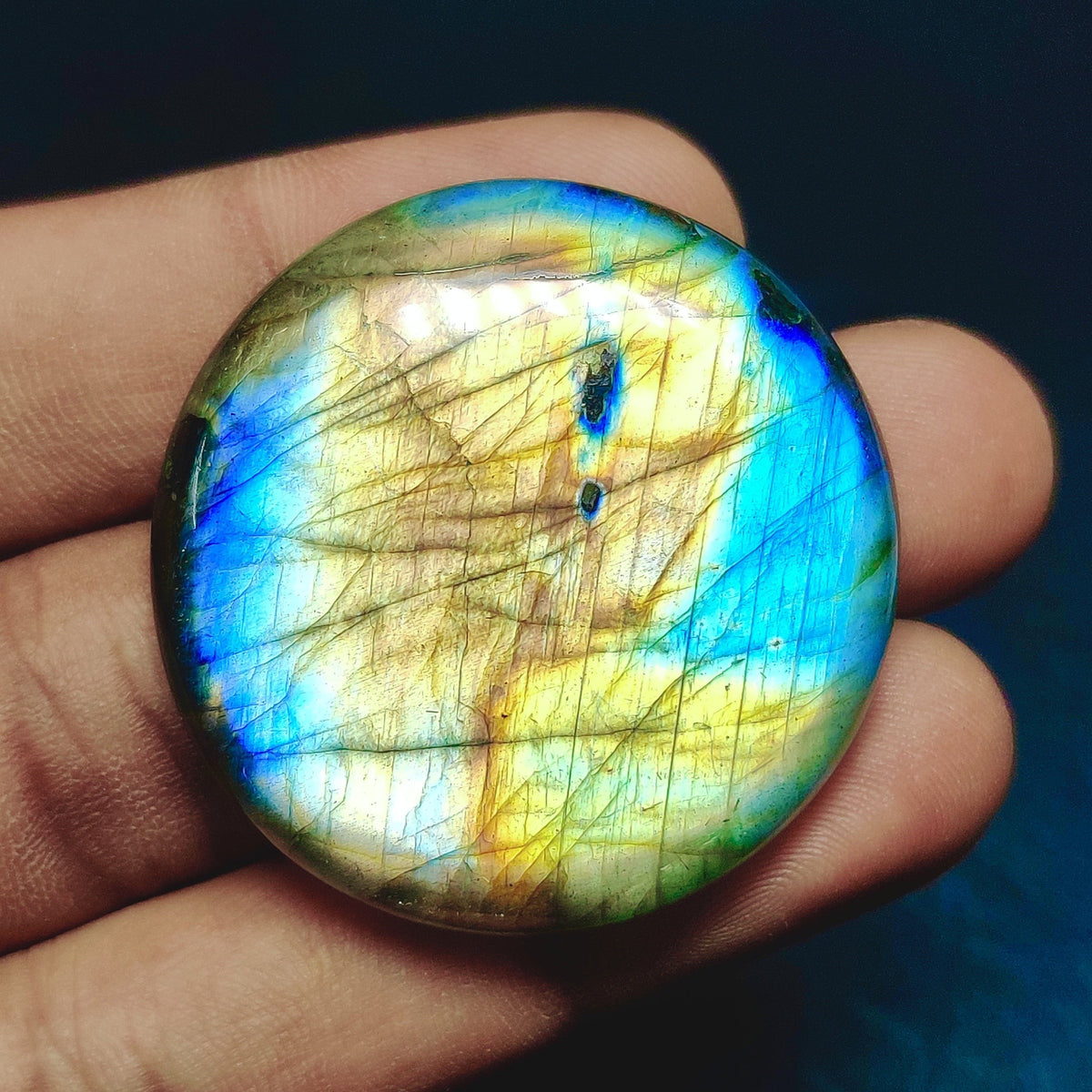 Cabochons4sale round labradorite cabochon featuring iridescent blue and yellow flashes held in a hand