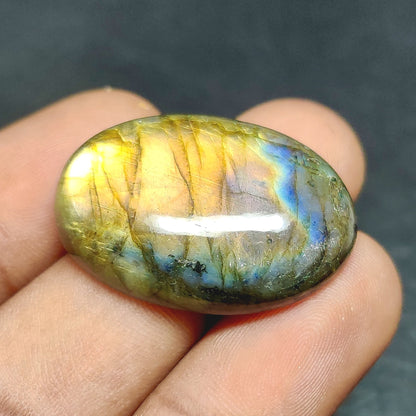 Cabochons4sale oval labradorite cabochon with iridescent yellow and blue flashes held between fingers
