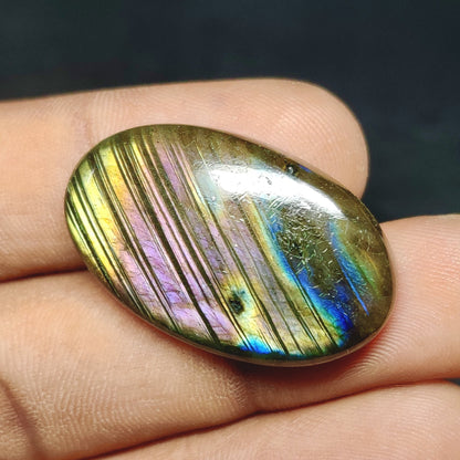 Cabochons4sale oval labradorite cabochon with iridescent purple and blue flashes held between fingers