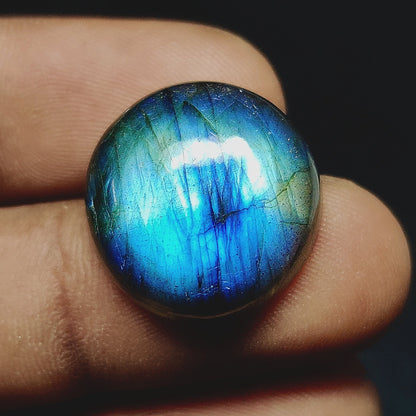 Cabochons4sale round translucent labradorite gemstone with vibrant blue flash held between fingers