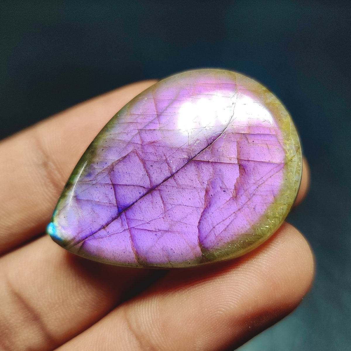 Cabochons4sale pear-shaped translucent labradorite gemstone with vibrant purple flash held in a hand