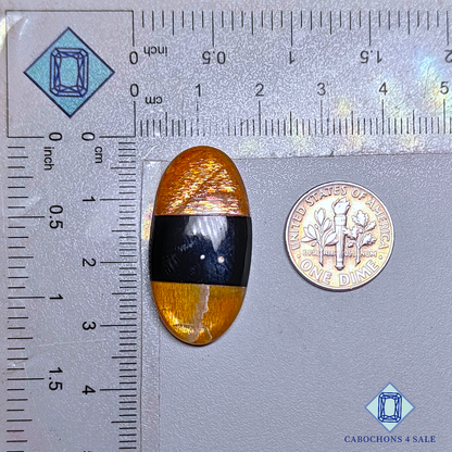 Dobletes ovalados de piedra solar y ónix negro con enrejado arcoíris de lluvia de meteoritos