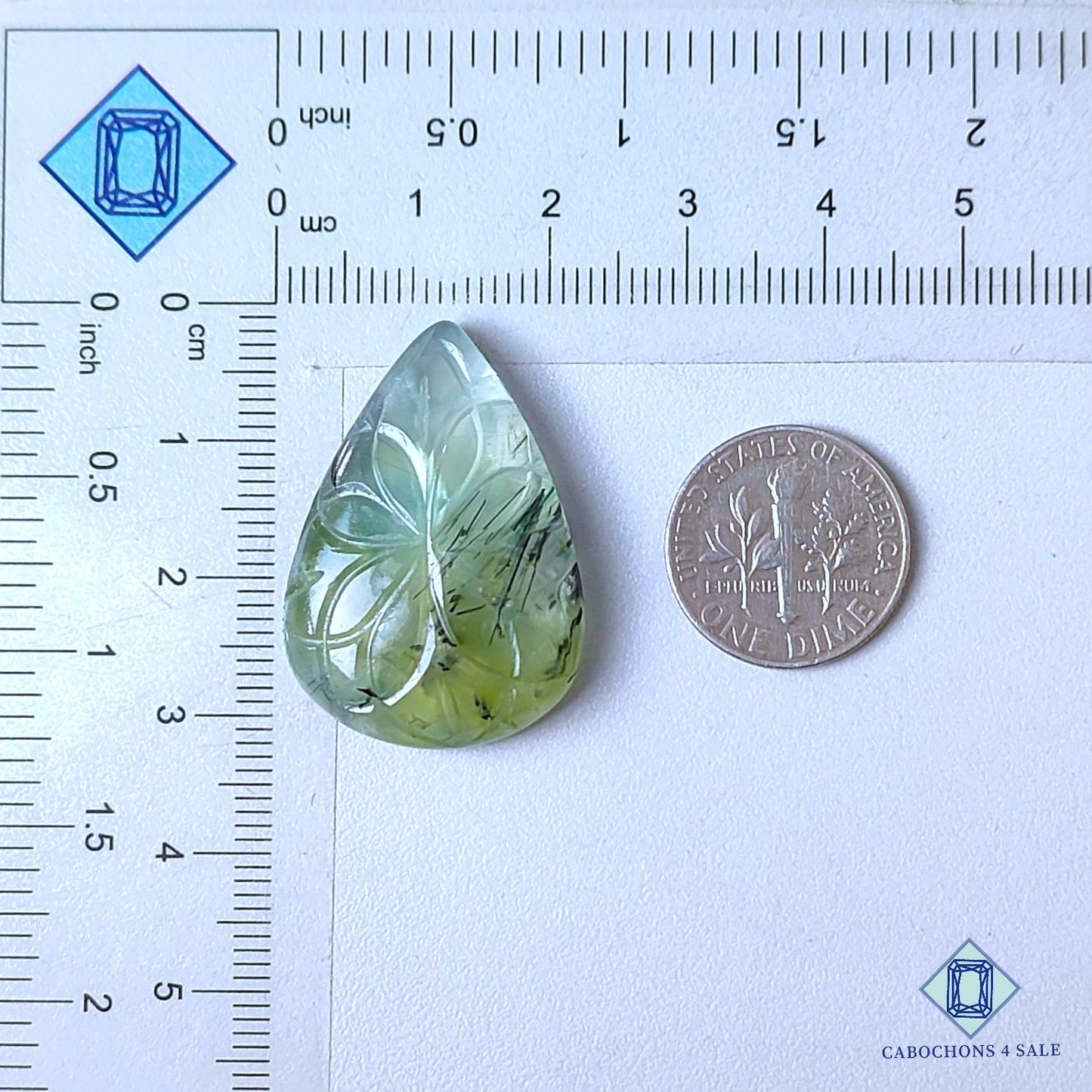 Piedras preciosas de rutilo prehnita natural talladas en forma de pera de 31 x 22 x 6 mm procedentes de Sudáfrica, disponibles para la venta.