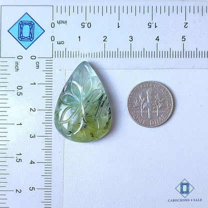 Piedras preciosas de rutilo prehnita natural talladas en forma de pera de 31 x 22 x 6 mm procedentes de Sudáfrica, disponibles para la venta.