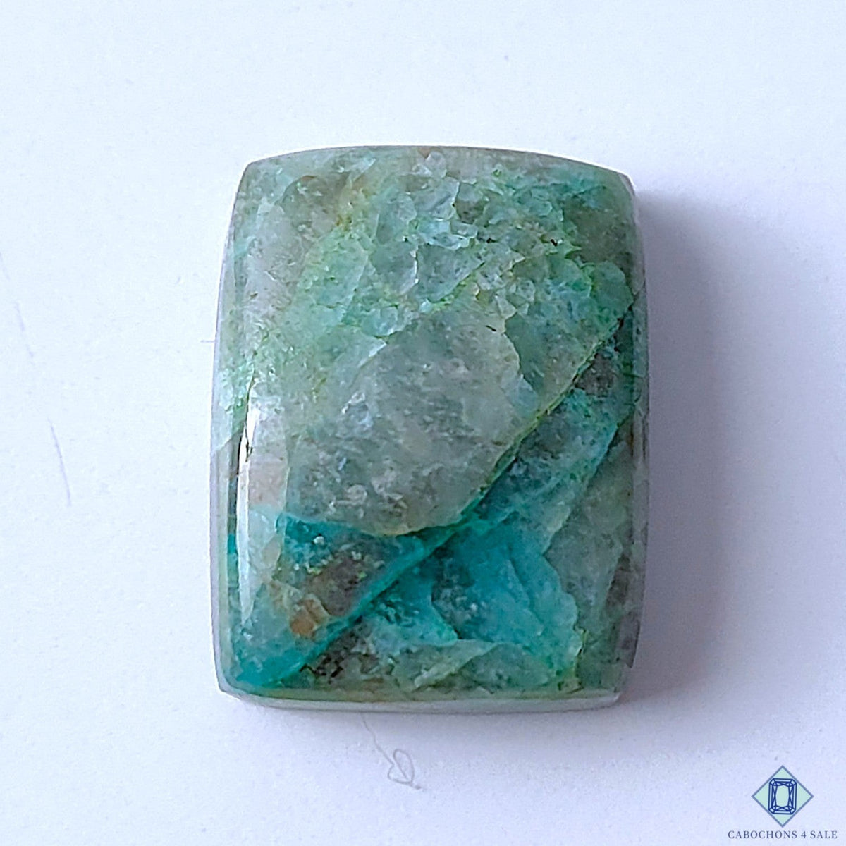 Cabochons4sale rectangular Quantum Quattro cabochon gemstone featuring natural blue and green opaque patterns.