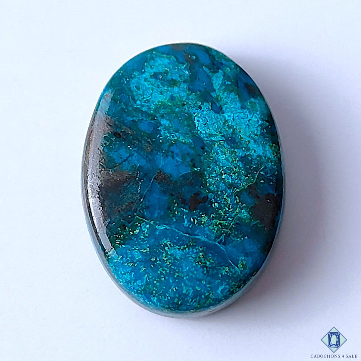 Cabochons4sale oval Quantum Quattro cabochon gemstone featuring vibrant blue and green patterns with opaque finish.