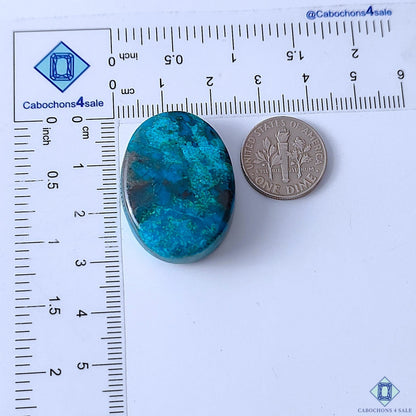Cabochons4sale oval Quantum Quattro cabochon gemstone in vibrant blue and green with opaque finish next to a US dime.