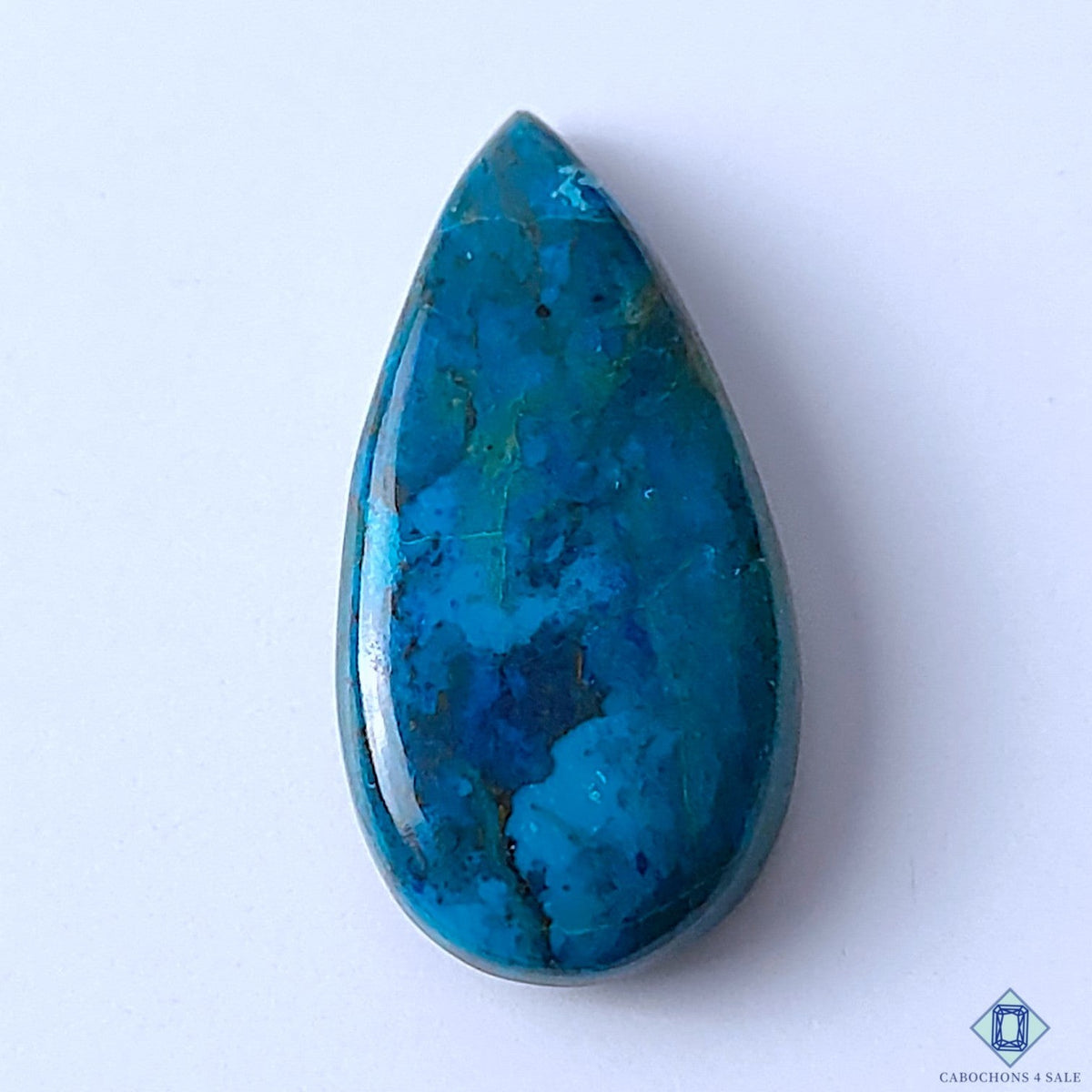 Cabochons4sale pear-shaped Quantum Quattro gemstone cabochon with vibrant blue and teal natural patterns.