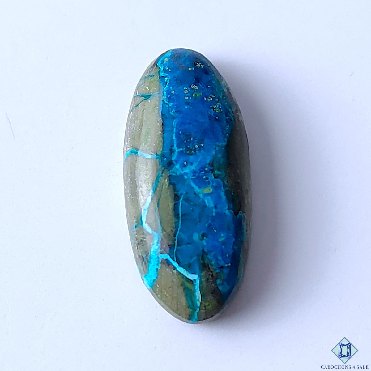 Cabochons4sale oval Quantum Quattro cabochon gemstone featuring vibrant blue and earthy green natural patterns.
