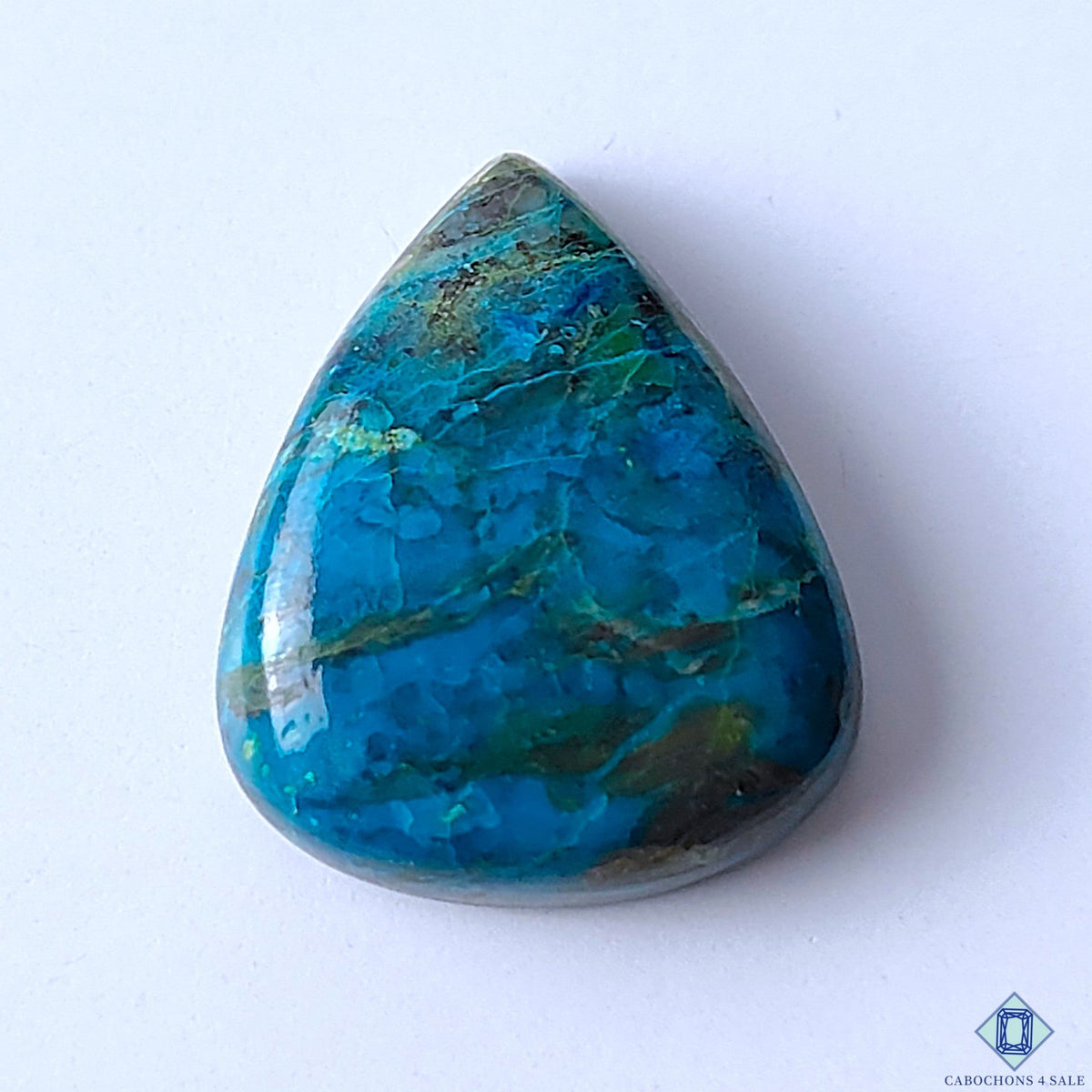 Cabochons4sale pear-shaped Quantum Quattro cabochon with vibrant blue and green natural stone patterns.