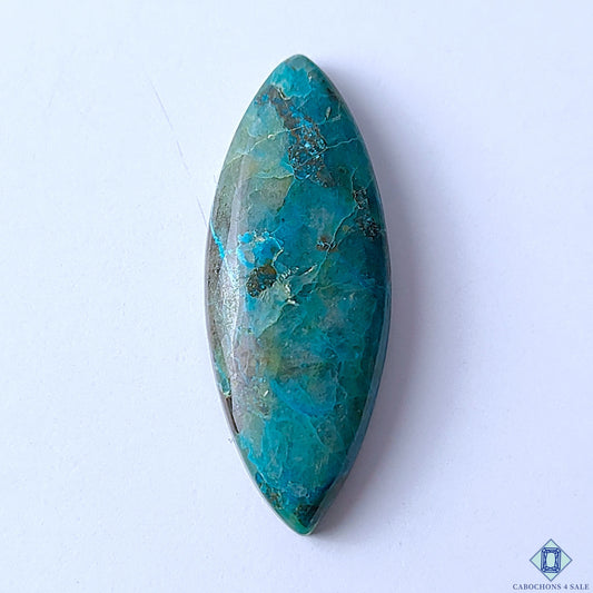 Cabochons4sale natural marquise-cut Quantum Quattro gemstone with opaque blue and green patterns, 41x16x6mm.