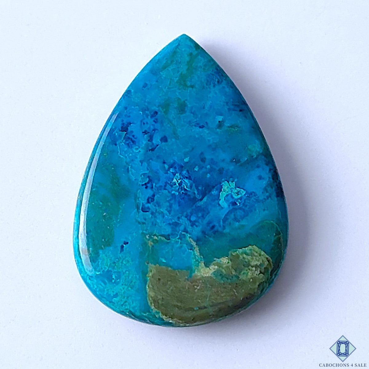 Cabochons4sale pear-shaped Quantum Quattro cabochon with vibrant blue and green natural stone patterns.