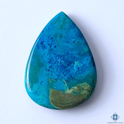 Cabochons4sale pear-shaped Quantum Quattro cabochon with vibrant blue and green natural stone patterns.