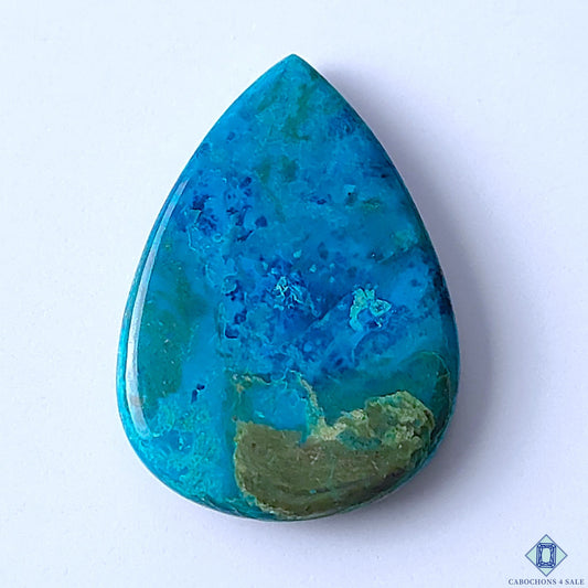 Cabochons4sale pear-shaped Quantum Quattro cabochon with vibrant blue and green natural stone patterns.
