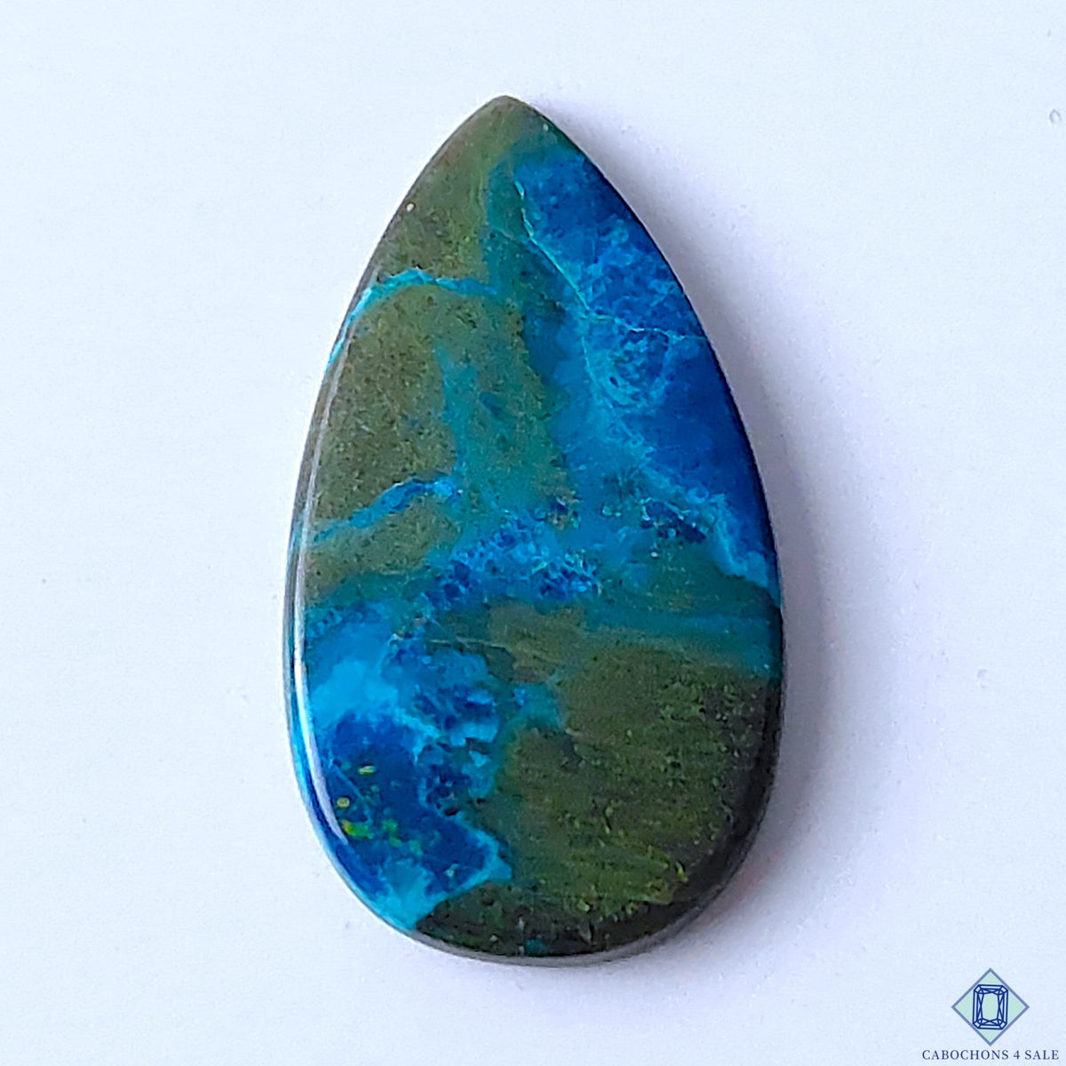 Cabochons4sale pear-shaped Quantum Quattro cabochon with vibrant blue and green natural stone patterns