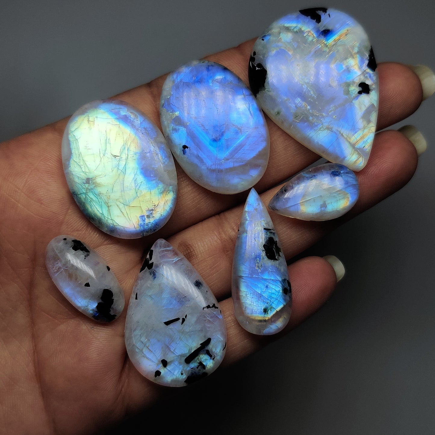 Natural Black Tourmalinated Moonstone Gemstone | White Moonstone with Black Tourmaline Inclusions | Polished Loose Stones for Jewelry Making
