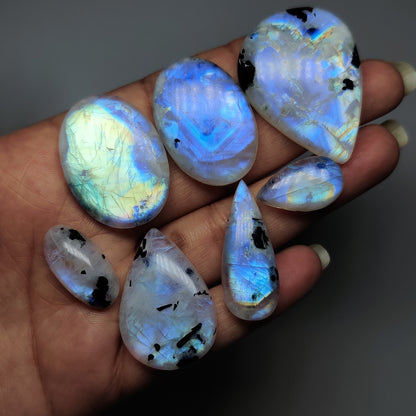 Natural Black Tourmalinated Moonstone Gemstone | White Moonstone with Black Tourmaline Inclusions | Polished Loose Stones for Jewelry Making
