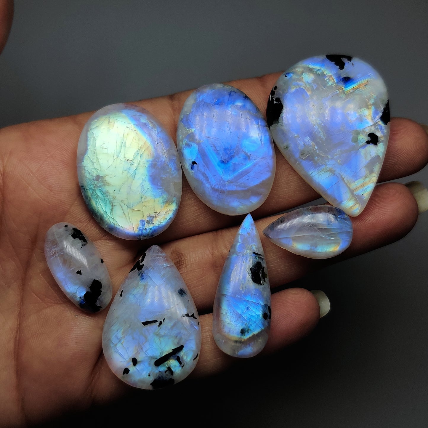 Natural Black Tourmalinated Moonstone Gemstone | White Moonstone with Black Tourmaline Inclusions | Polished Loose Stones for Jewelry Making