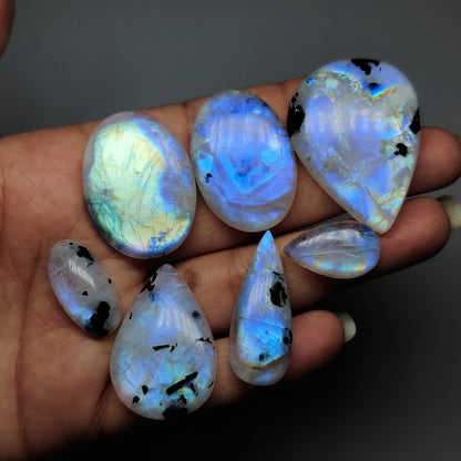 Natural Black Tourmalinated Moonstone Gemstone | White Moonstone with Black Tourmaline Inclusions | Polished Loose Stones for Jewelry Making