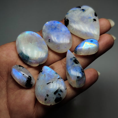 Natural Black Tourmalinated Moonstone Gemstone | White Moonstone with Black Tourmaline Inclusions | Polished Loose Stones for Jewelry Making