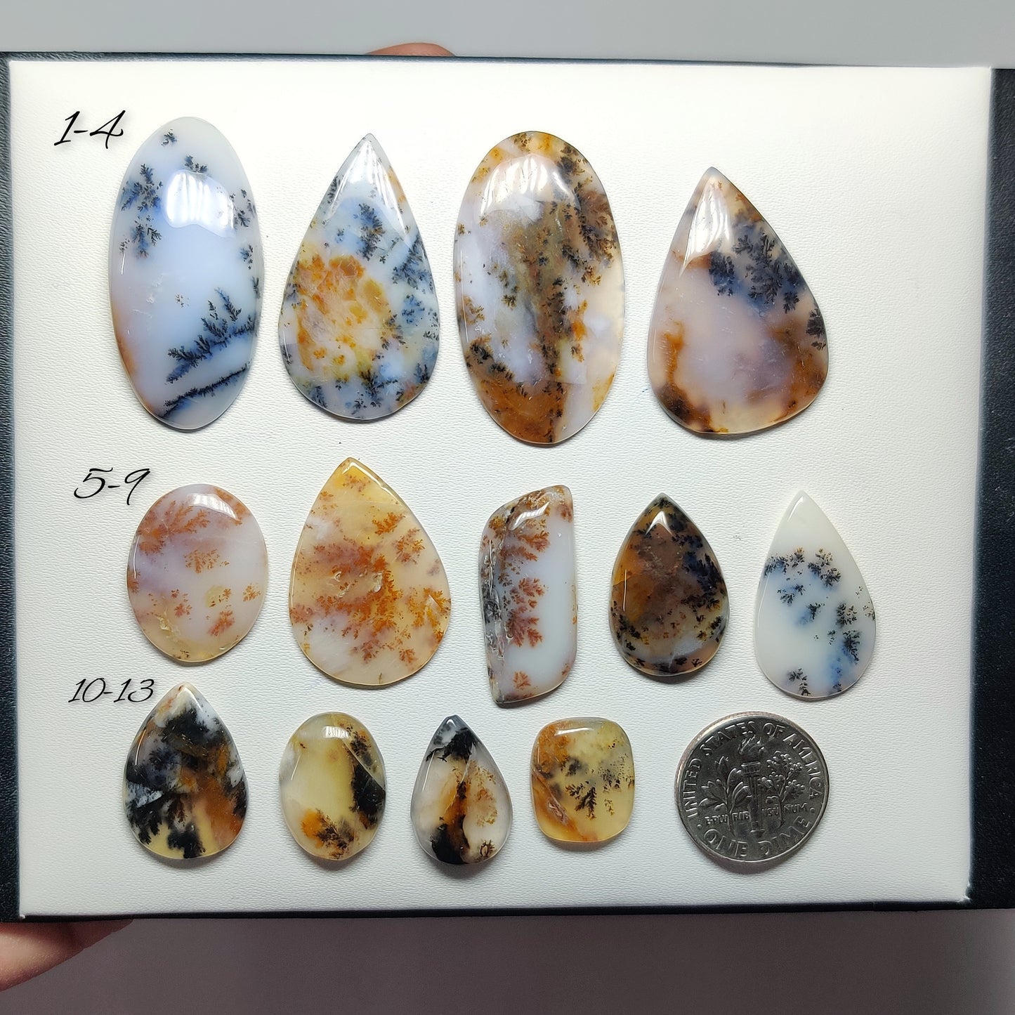 Natural Russian Dendritic Agate Cabochons for Jewelry Making | Scenic White Stone with Black Inclusions | Smooth Polished | Multiple Sizes Shapes