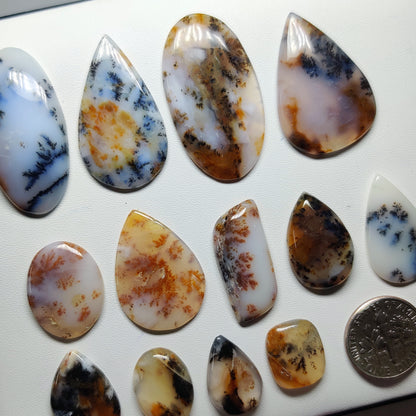 Natural Russian Dendritic Agate Cabochons for Jewelry Making | Scenic White Stone with Black Inclusions | Smooth Polished | Multiple Sizes Shapes