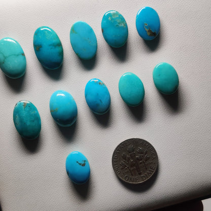 Cabochons4sale natural Arizona turquoise cabochons in blue-green with matrix patterns, displayed next to a US dime.