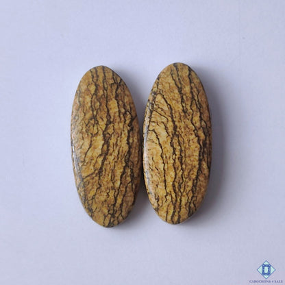 cabochons4sale, oval picture jasper cabochons in natural brown shades with desert-like scenery and expressive mineral formations held between fingers