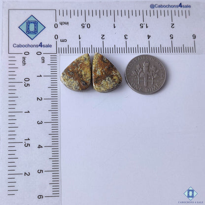cabochons4sale, brown picture jasper pear shaped gemstone cabochons featuring landscape-like markings and a polished stone surface held between fingers