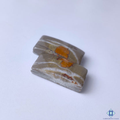 cabochons4sale, polished bumblebee jasper rectangular cabochons showcasing striking yellow and brown mineral patterns, rich color contrast and earthy gemstone character held between fingers