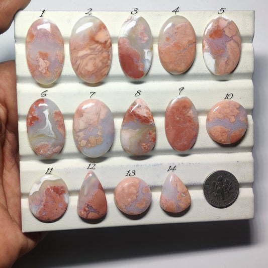 Cabochons4sale collection of polished cherry blossom agate cabochons in various shapes with pink and cream floral patterns