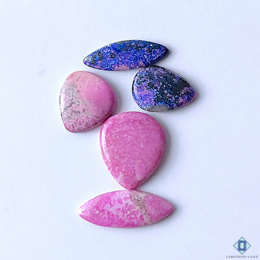 Cabochons4sale mixed shape opaque pink cobalt calcite and blue gemstone lot on white background